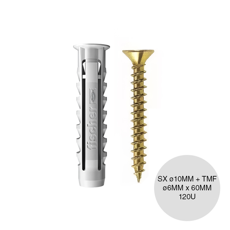 Kit taco tarugo nylon SX c/tope arandela expansion ø 10mm x 50mm + Tornillo TMF ø 6mm x 60mm balde x 120u