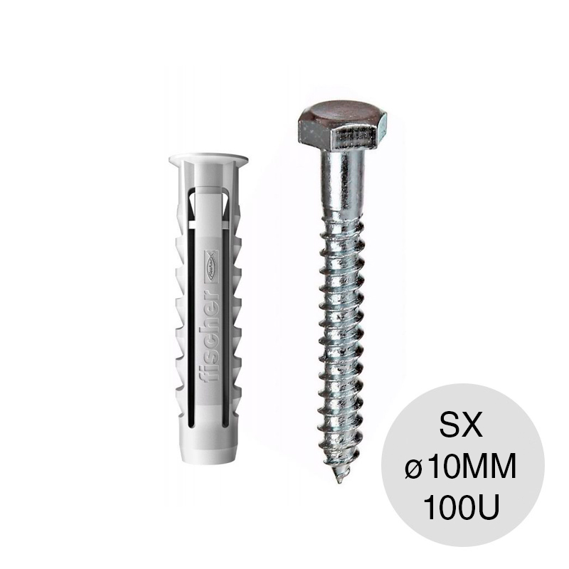 Kit taco tarugo nylon SX c/tope arandela expansion ø 10mm + Tornillo tirafondo 1/4" x 2 1/4" balde x 100u