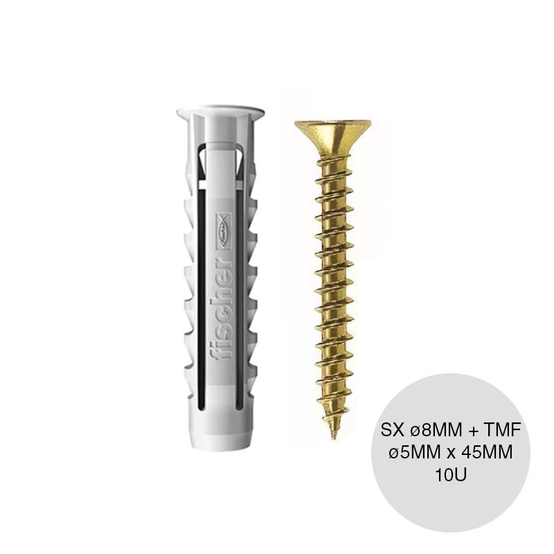Kit taco tarugo nylon SX c/tope arandela expansion ø 8mm x 40mm + Tornillo TMF ø 5mm x 45mm blister x 10u