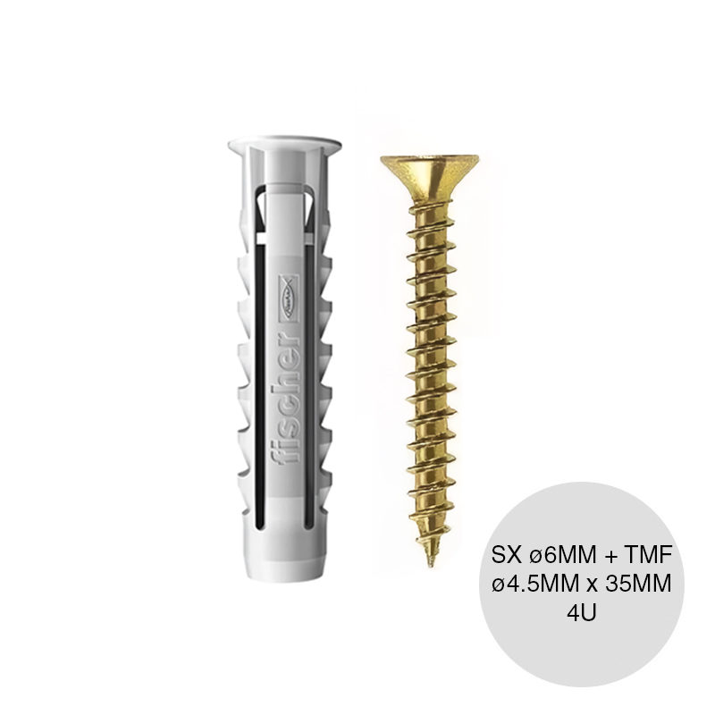Kit taco tarugo nylon SX c/tope arandela expansion ø 6mm x 30mm + Tornillo TMF ø 4.5mm x 35mm blister x 4u