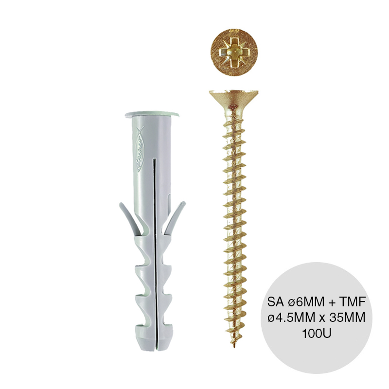 Kit taco tarugo nylon SA c/tope arandela expansion ø 6mm x 30mm + Tornillo TMF ø 4.5mm x 35mm bolsa x 100u