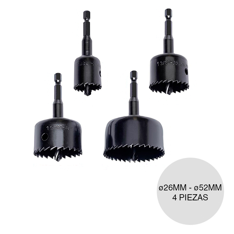 Juego sierras copa p/madera ø 26mm - ø 52mm acero pack x 4 piezas