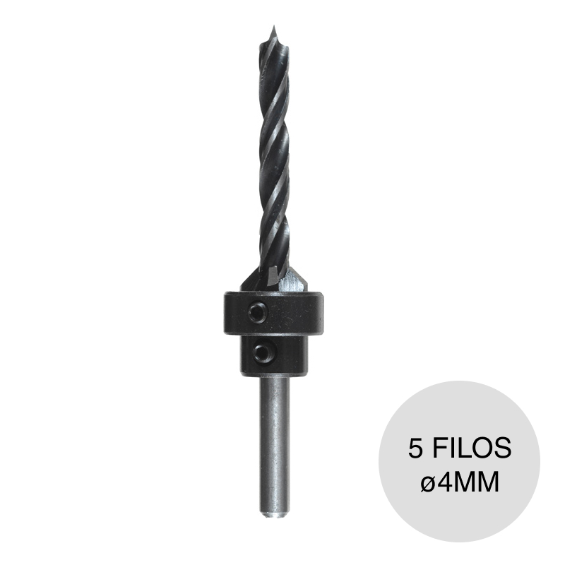 Broca espiral p/madera c/avellanador 5 filos acero ø 4mm