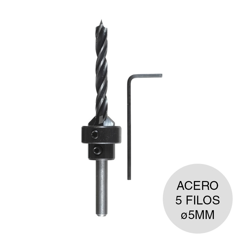 Juego broca espiral c/avellanador y tope p/madera acero 5 filos ø 5mm