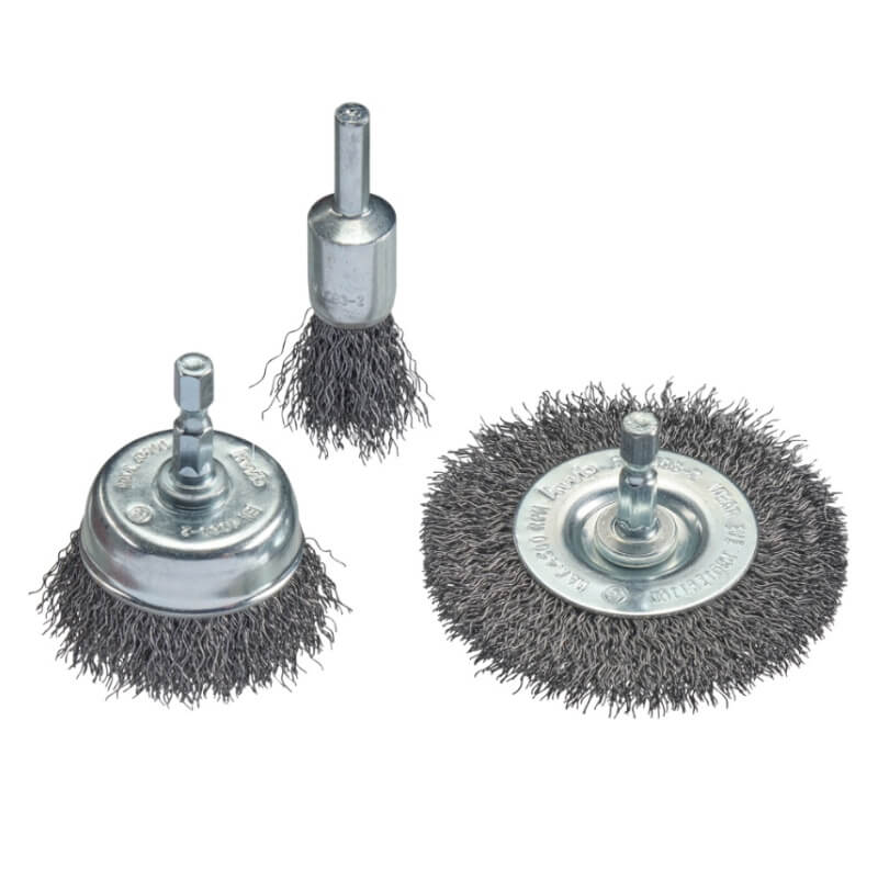 Set cepillos alambre ondulado p/taladro pack x 3 piezas