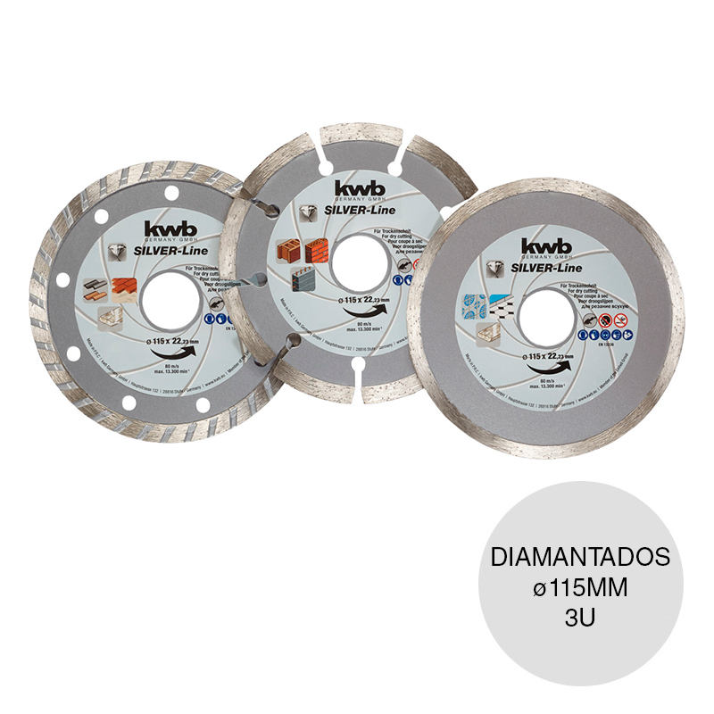 Kit 3 discos corte diamantados Segmentado Liso Turbo ø 22.23mm x ø 115mm